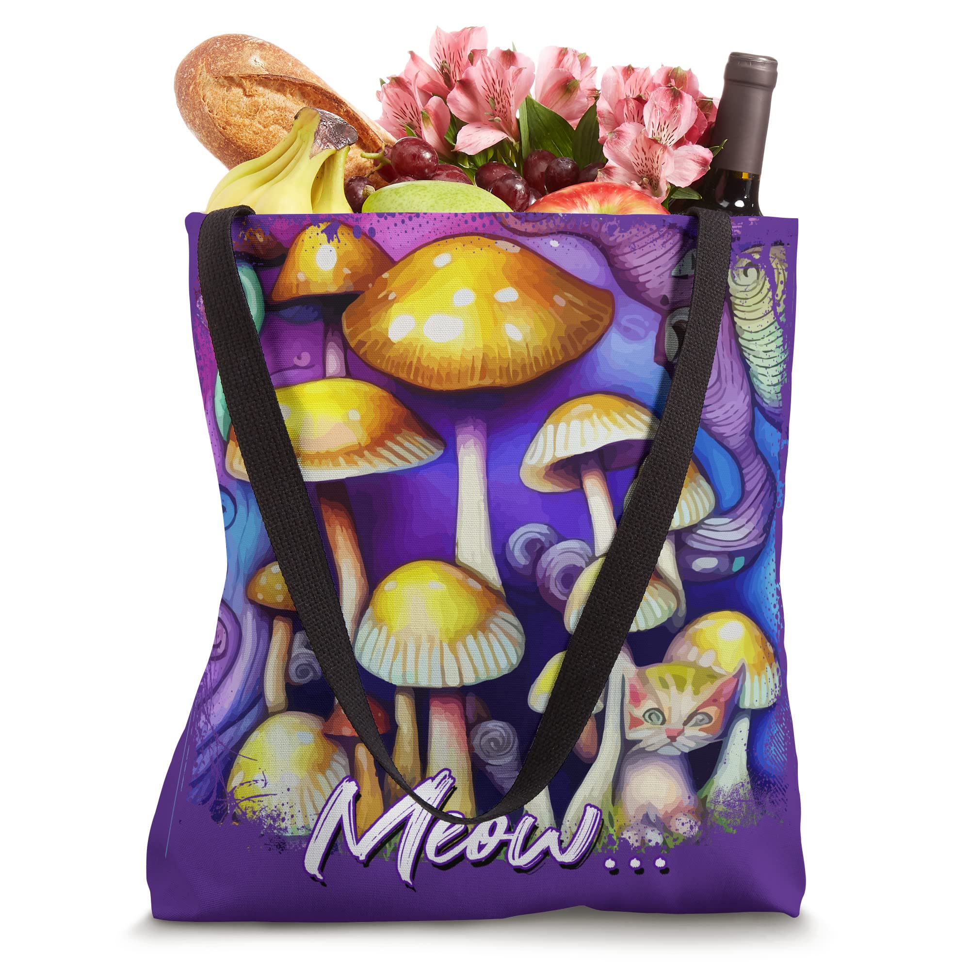 Colorful Mushroom Meow Cat Morel Mycology Art Tote Bag