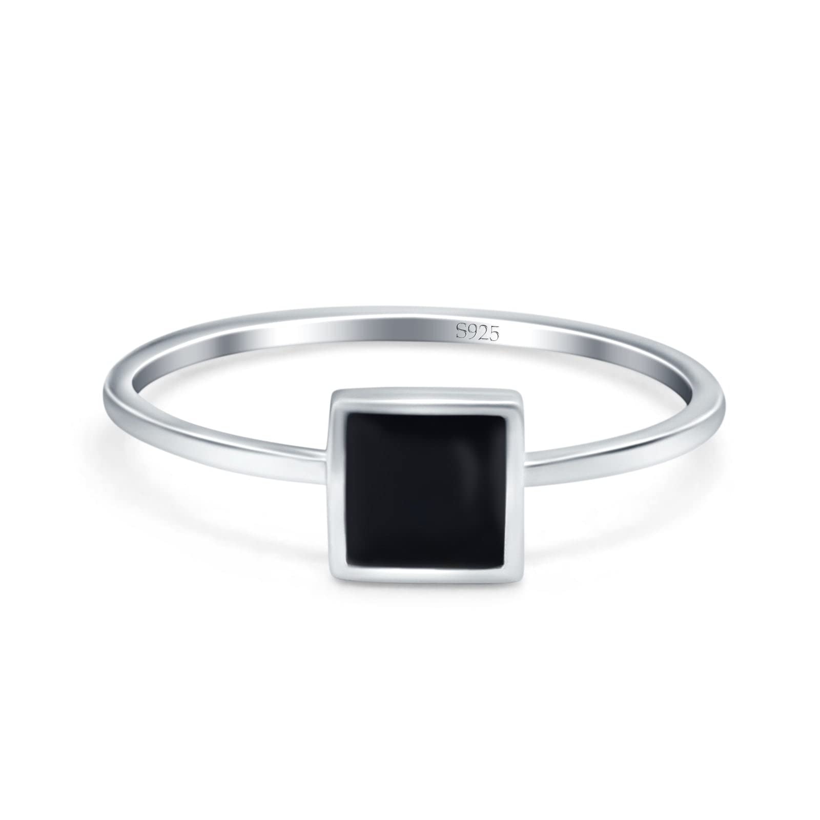 Blue Apple Co. Simulated Black Onyx Size-8 Solitaire Fashion Petite Dainty Ring Princess Cut Square Solid Rhodium 925 Sterling Silver