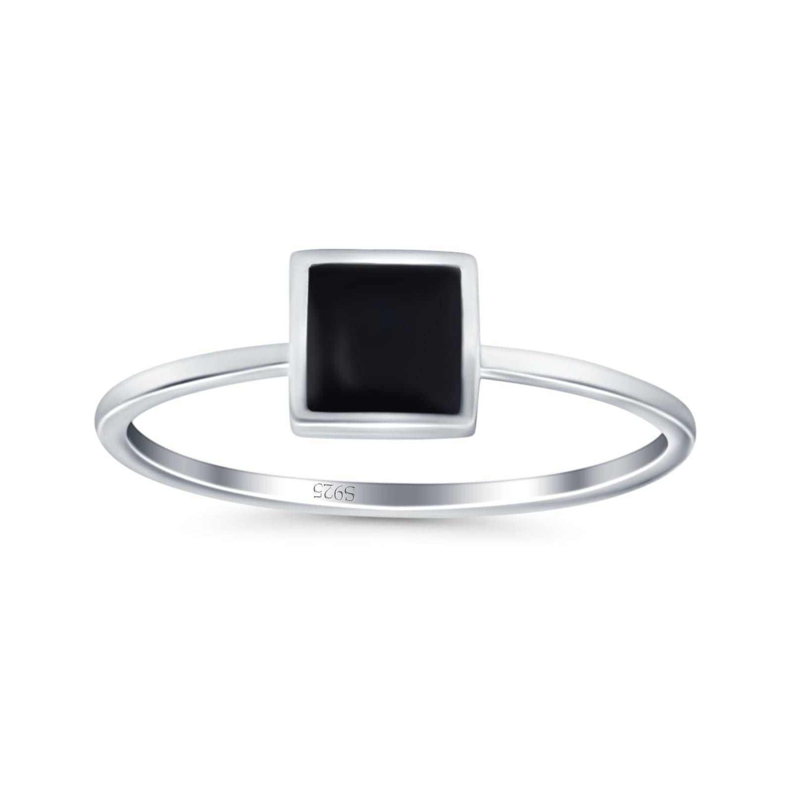 Blue Apple Co. Simulated Black Onyx Size-8 Solitaire Fashion Petite Dainty Ring Princess Cut Square Solid Rhodium 925 Sterling Silver