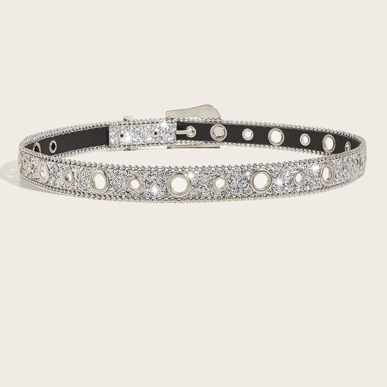 NociHah Silver Rhinestone Belt Western Cowgirl Cowboy Belts Vintage Bling Crystal Diamond Studded Leather Belt for Jean Pants (Silver-width2.89)