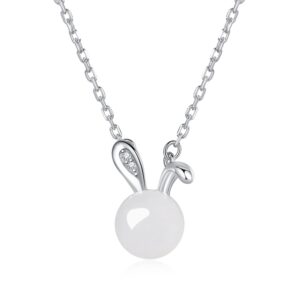 SLOEFY 14K Gold Jade Rabbit Necklace, Moissanite Rabbit Pendant Necklace, Chinese New Year Jewelry Gifts For Women (White Gold, 14K)