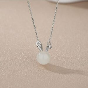 SLOEFY 14K Gold Jade Rabbit Necklace, Moissanite Rabbit Pendant Necklace, Chinese New Year Jewelry Gifts For Women (White Gold, 14K)