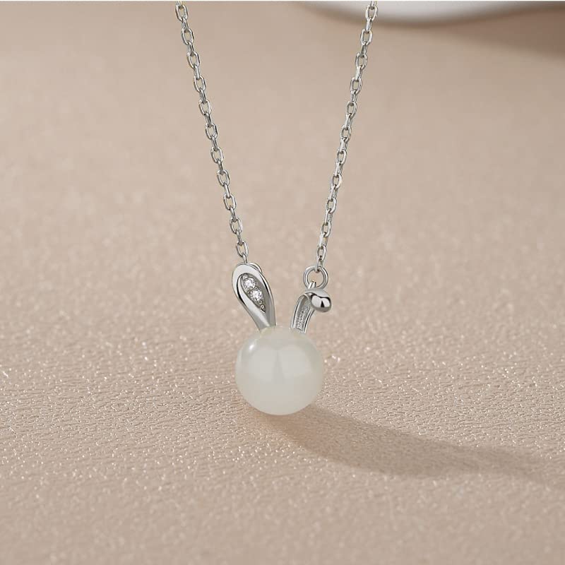 SLOEFY 14K Gold Jade Rabbit Necklace, Moissanite Rabbit Pendant Necklace, Chinese New Year Jewelry Gifts For Women (White Gold, 14K)