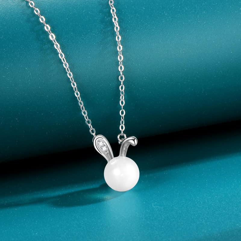 SLOEFY 14K Gold Jade Rabbit Necklace, Moissanite Rabbit Pendant Necklace, Chinese New Year Jewelry Gifts For Women (White Gold, 14K)