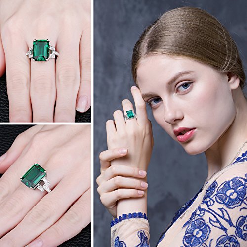 JewelryPalace Emerald Cut 6ct Simulated Emerald Solitaire Cocktail Rings for Women, Green Gemstone 925 Sterling Silver 14k Gold Plated Ring, Gemstone Ring for Her Jewelry Set 9.5