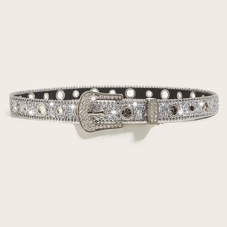 NociHah Silver Rhinestone Belt Western Cowgirl Cowboy Belts Vintage Bling Crystal Diamond Studded Leather Belt for Jean Pants (Silver-width2.89)