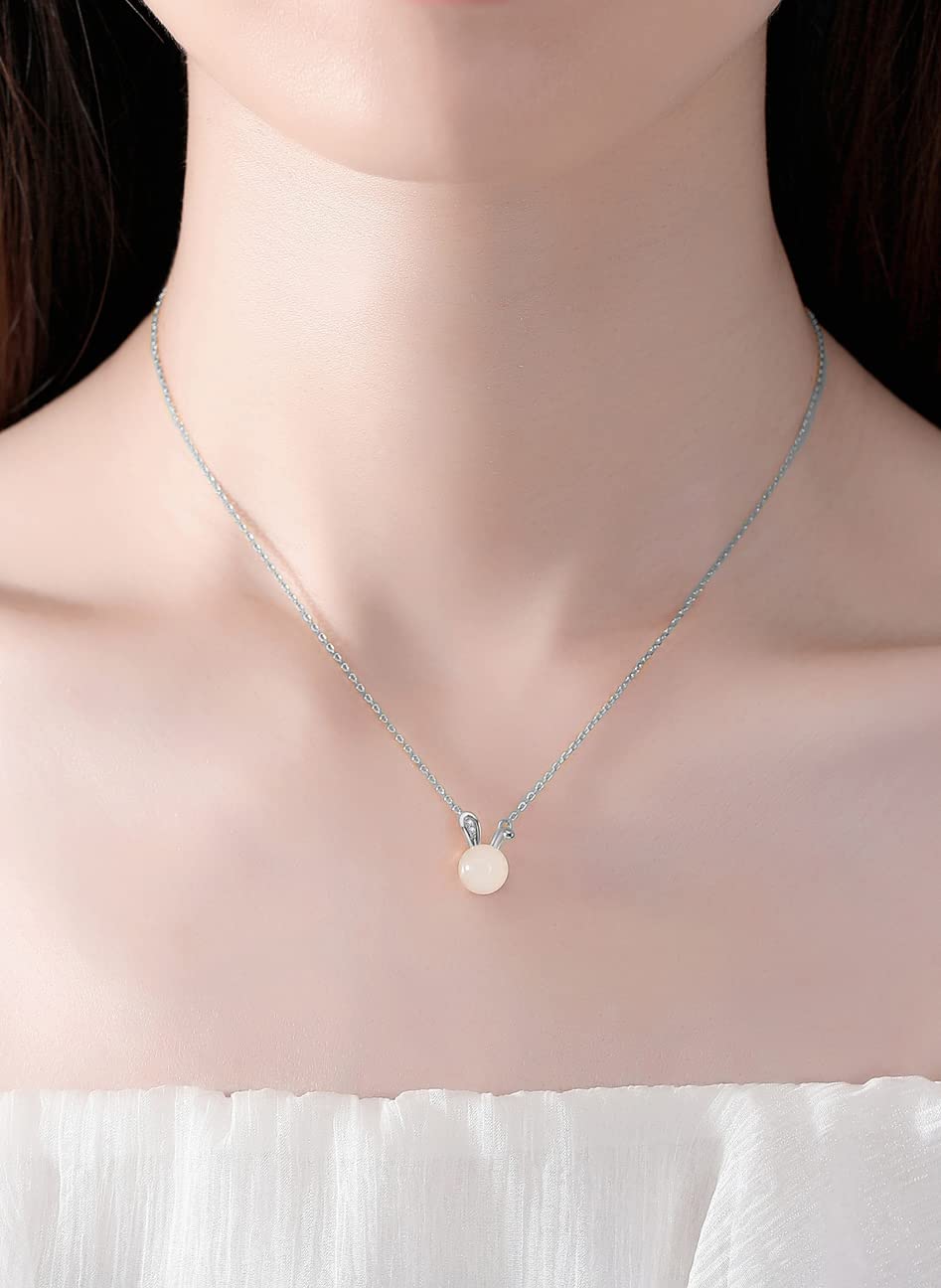 SLOEFY 14K Gold Jade Rabbit Necklace, Moissanite Rabbit Pendant Necklace, Chinese New Year Jewelry Gifts For Women (White Gold, 14K)