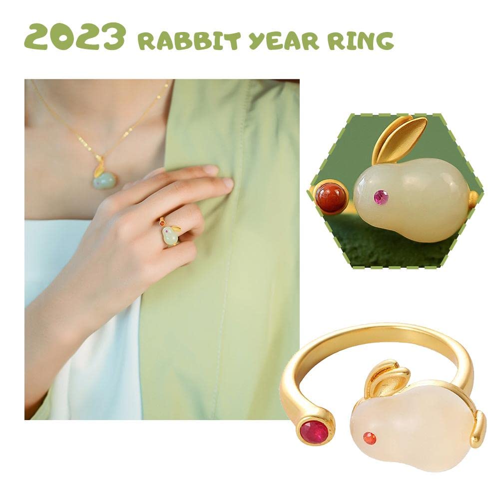 TPALPKT 2023 Chinese New Year Lucky Rabbit Ring Chinese Zodiac Rabbit Imitation Jade Bunny Ring Blessing Good Luck Ring for Women Girls Ladies Jewelry Chinese New Year Jewelry Gifts