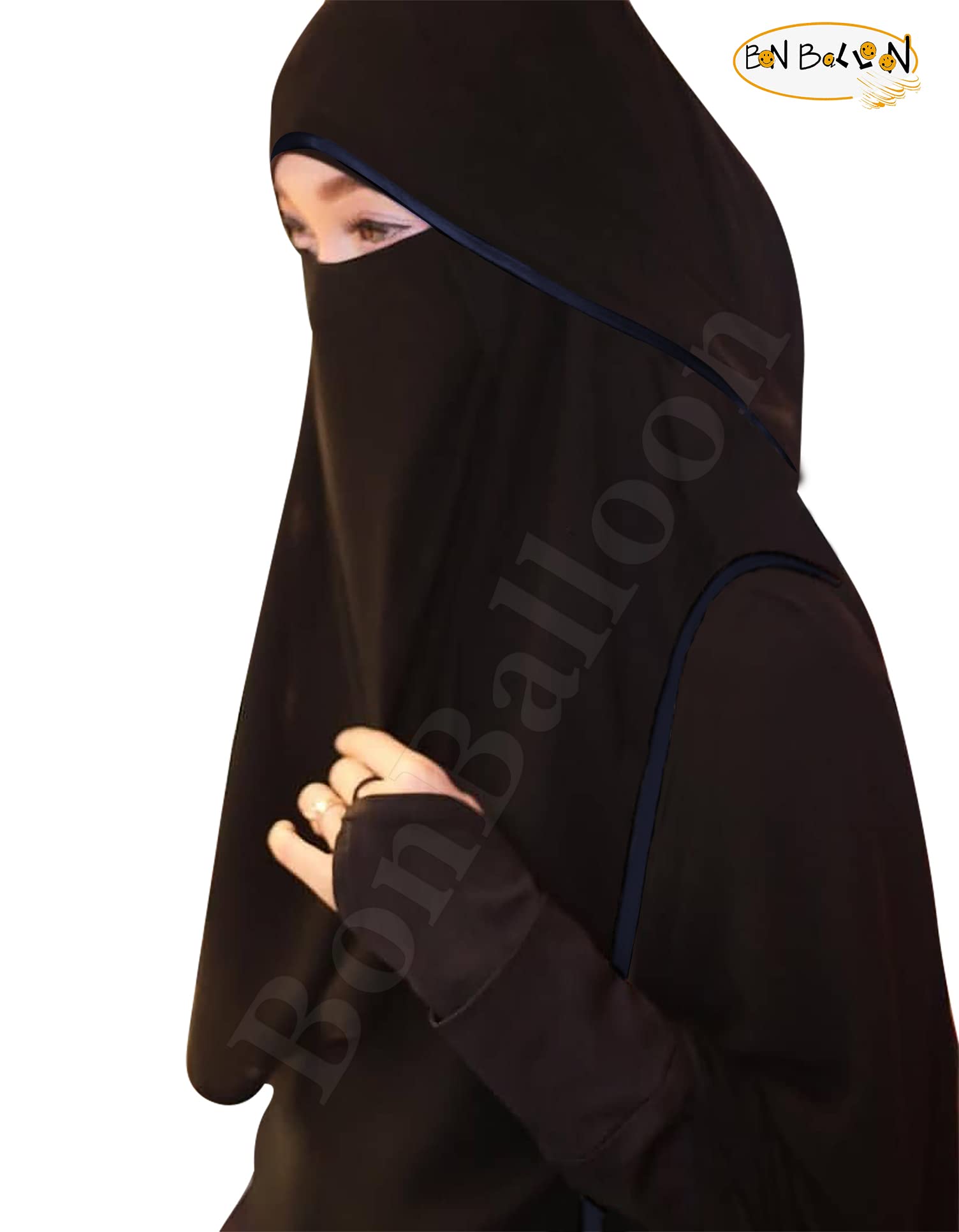 Saudi Chiffon First Class Quality Long Saudi Niqab Burqa Hijab Face Cover Veil Islam Islamic Jilbab (Black x Dark Blue Satin)