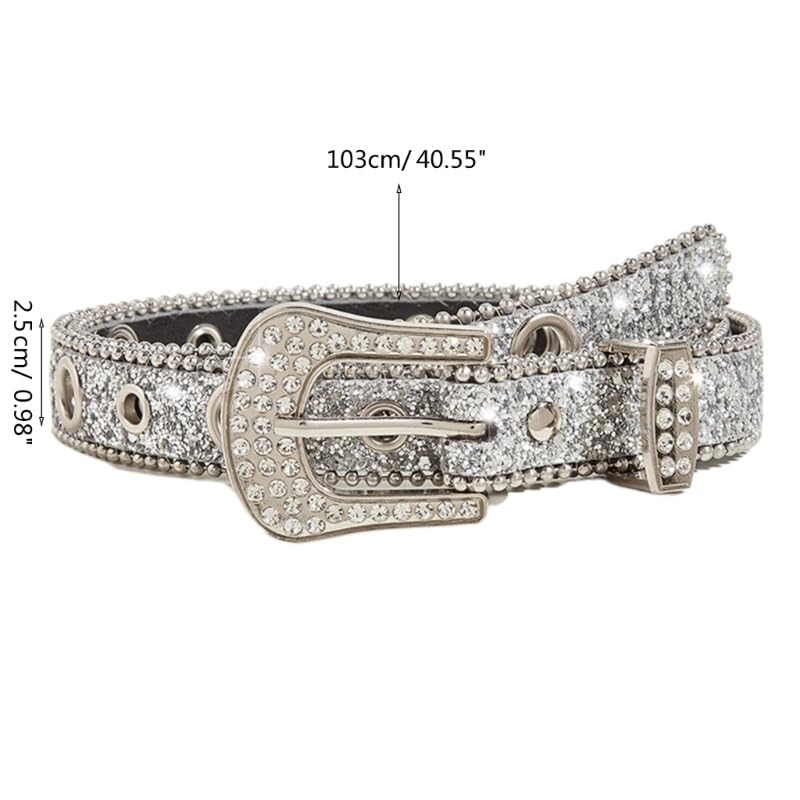 NociHah Silver Rhinestone Belt Western Cowgirl Cowboy Belts Vintage Bling Crystal Diamond Studded Leather Belt for Jean Pants (Silver-width2.89)