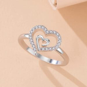 Gold Double Heart Ring for Women Delicate 14K Gold Plated Heart in Heart Wedding Jewelry Promise Love Ring for Her Gift (925 Silver - Silver, 7)