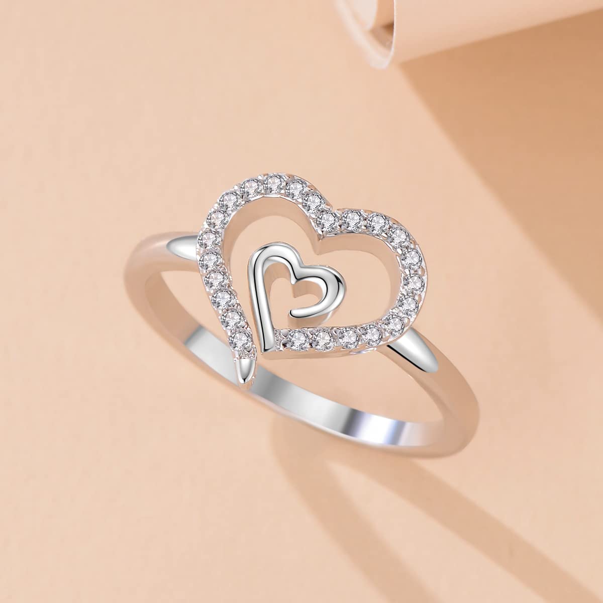 Gold Double Heart Ring for Women Delicate 14K Gold Plated Heart in Heart Wedding Jewelry Promise Love Ring for Her Gift (925 Silver - Silver, 7)