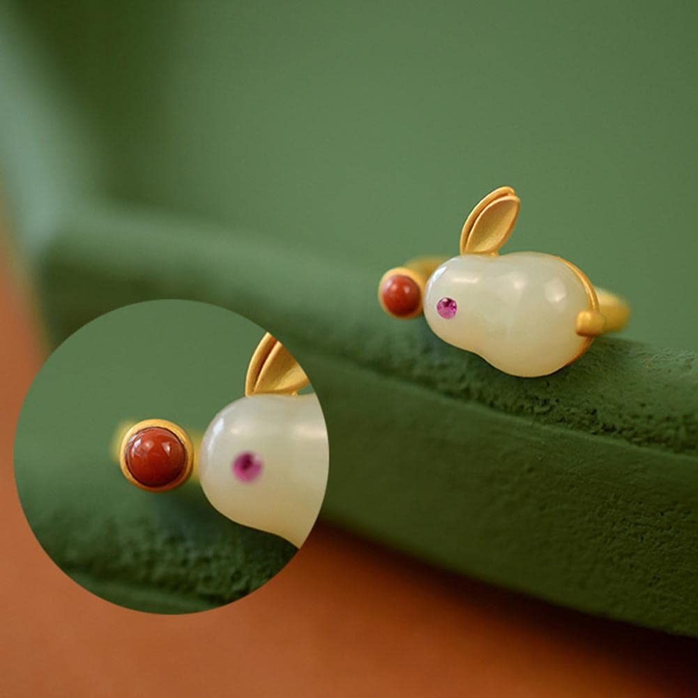 TPALPKT 2023 Chinese New Year Lucky Rabbit Ring Chinese Zodiac Rabbit Imitation Jade Bunny Ring Blessing Good Luck Ring for Women Girls Ladies Jewelry Chinese New Year Jewelry Gifts