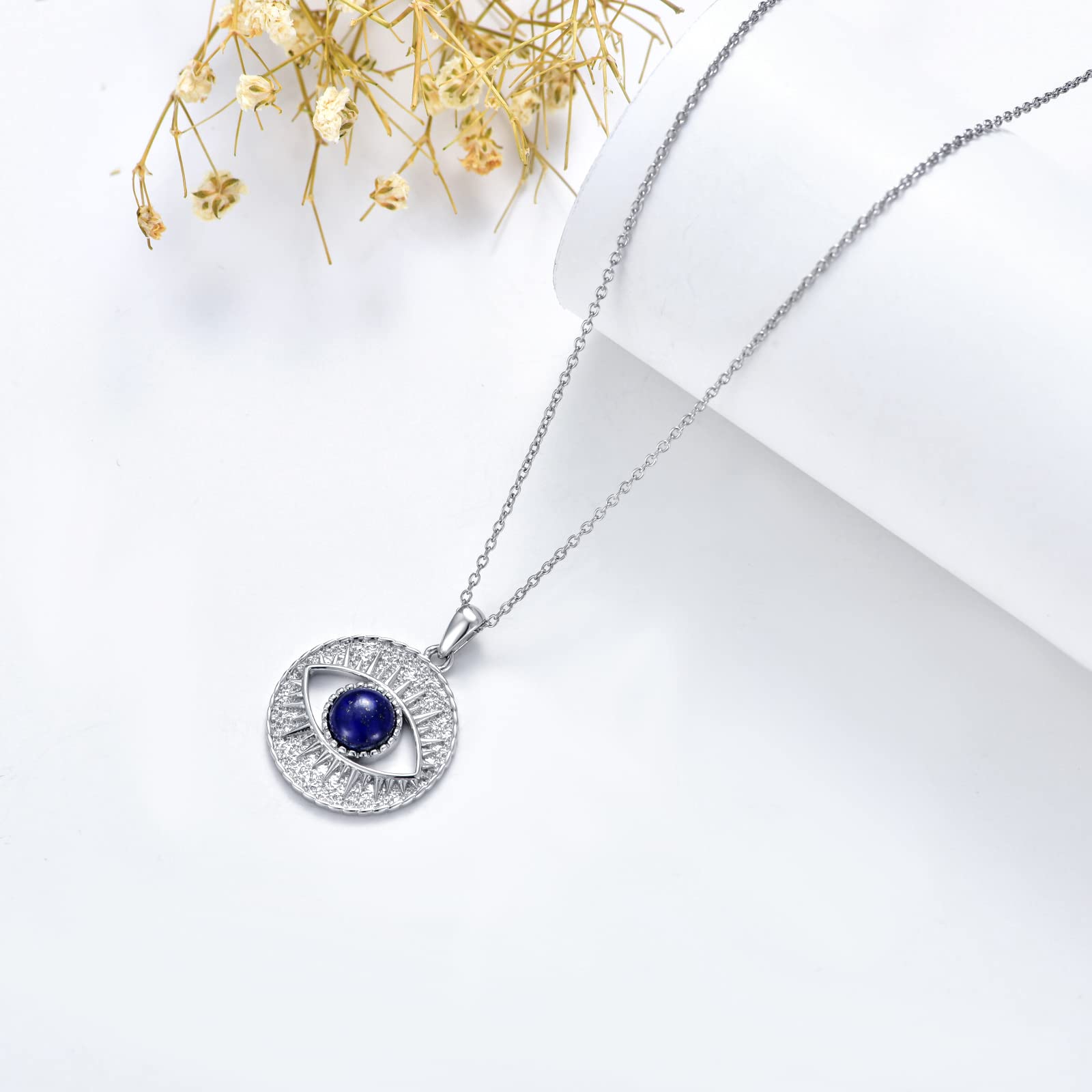 BETHZA Evil Eye Necklace 925 Sterling Silver Natural Blue Lapis Lazuli Gemstone Mal de Ojo Protection Pendant Lucky Amulet Jewelry Gifts for Women