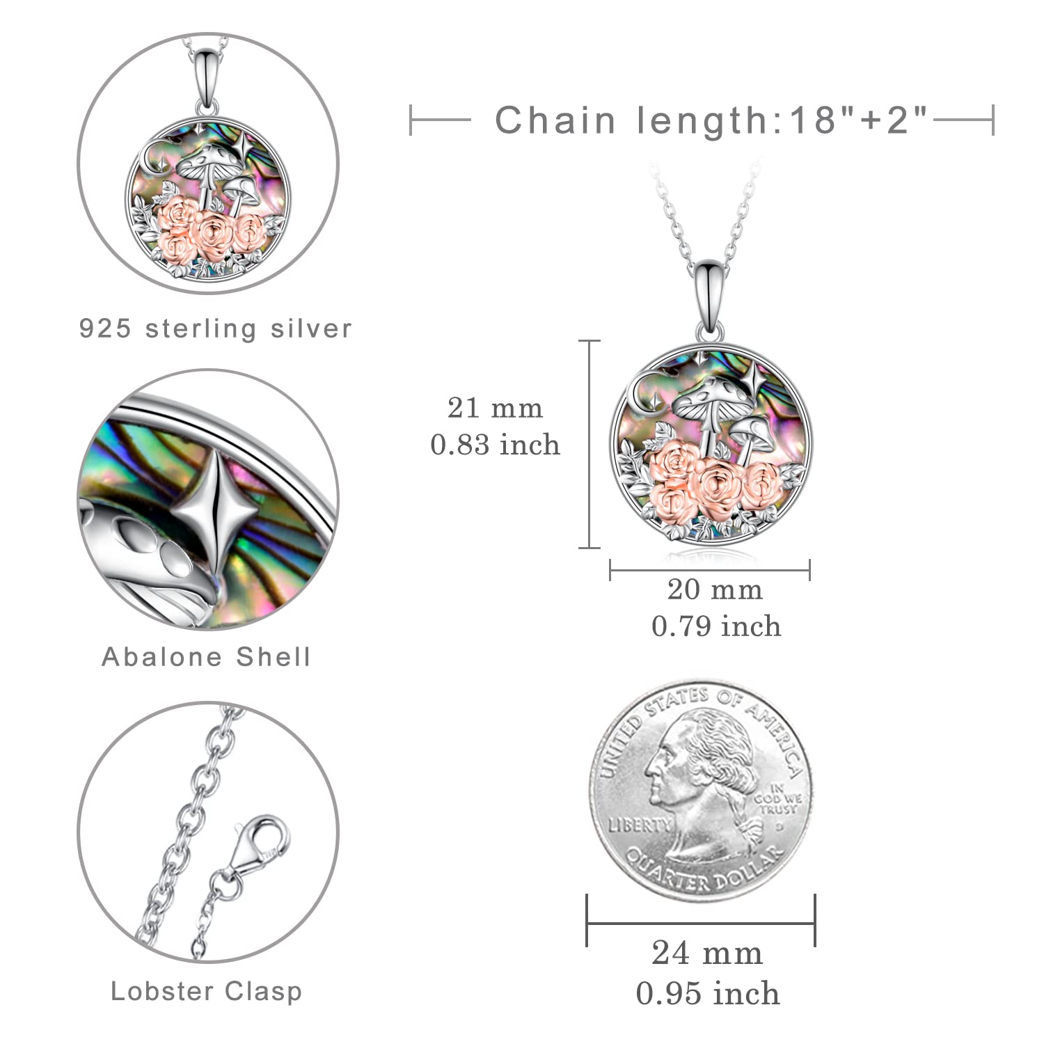 CVRAVO Mushroom Necklace 925 Sterling Silver Magical Mushroom Necklace Abalone Shell Mushroom Jewelry Gifts for Women