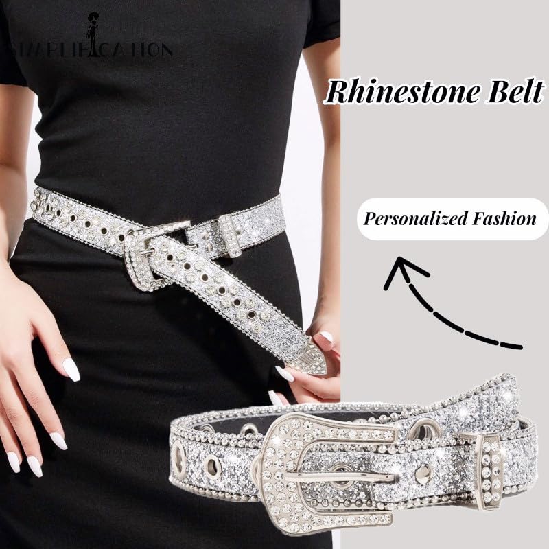 NociHah Silver Rhinestone Belt Western Cowgirl Cowboy Belts Vintage Bling Crystal Diamond Studded Leather Belt for Jean Pants (Silver-width2.89)