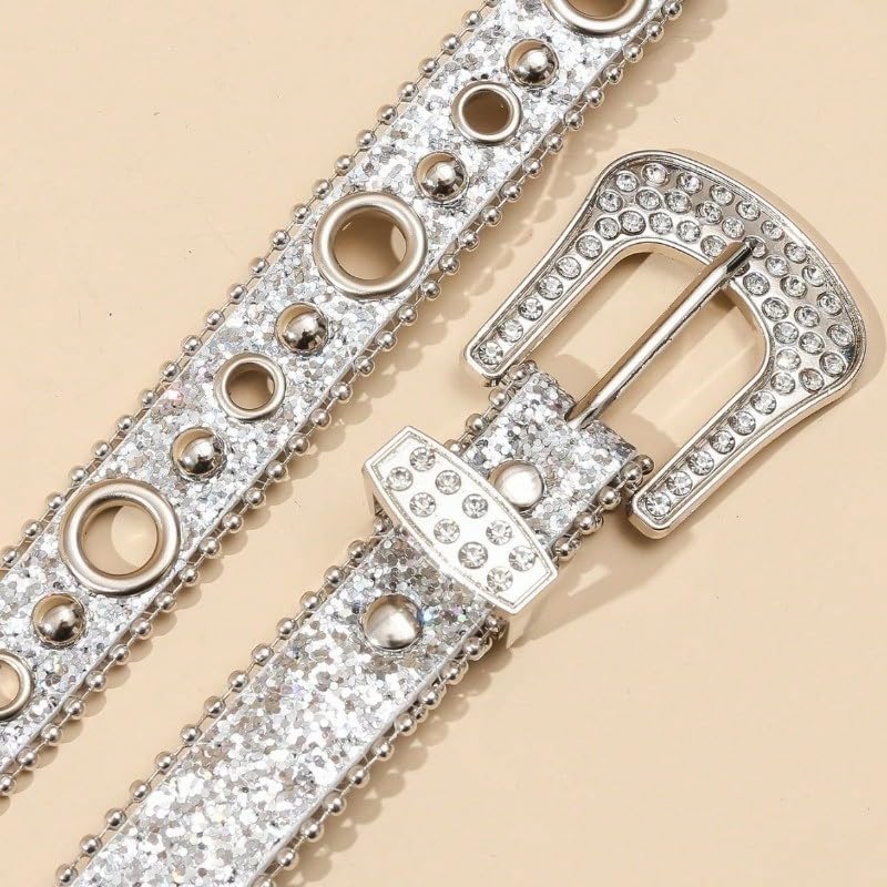 NociHah Silver Rhinestone Belt Western Cowgirl Cowboy Belts Vintage Bling Crystal Diamond Studded Leather Belt for Jean Pants (Silver-width2.89)