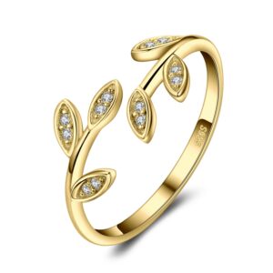 jewelrypalace olive leaf cubic zirconia open adjustable rings, 14k yellow gold plated 925 sterling silver rings for women, simulated diamond cuff finger thumb band ring, womens jewelry gifts