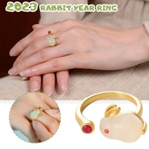 TPALPKT 2023 Chinese New Year Lucky Rabbit Ring Chinese Zodiac Rabbit Imitation Jade Bunny Ring Blessing Good Luck Ring for Women Girls Ladies Jewelry Chinese New Year Jewelry Gifts