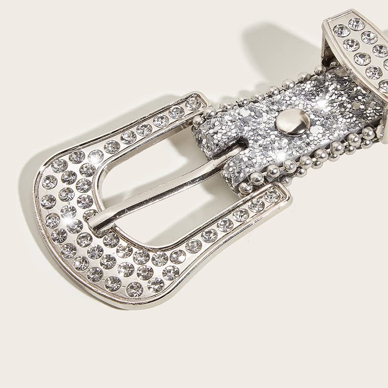 NociHah Silver Rhinestone Belt Western Cowgirl Cowboy Belts Vintage Bling Crystal Diamond Studded Leather Belt for Jean Pants (Silver-width2.89)