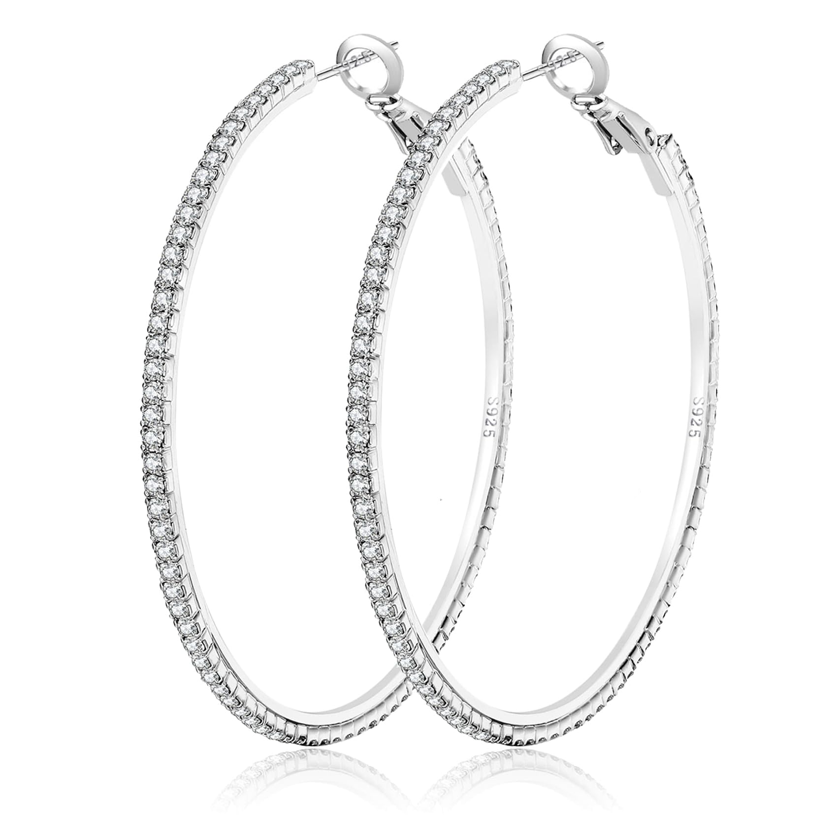 Large Rhinestone Hoop Earrings 925 Sterling Silver Post Cubic Zirconia Hoop Earrings Thin Rhinestones Round Hoop Earrings for Women Silver Hoop Earrings Sparkly Hoop Earrings with Crystals for Womens