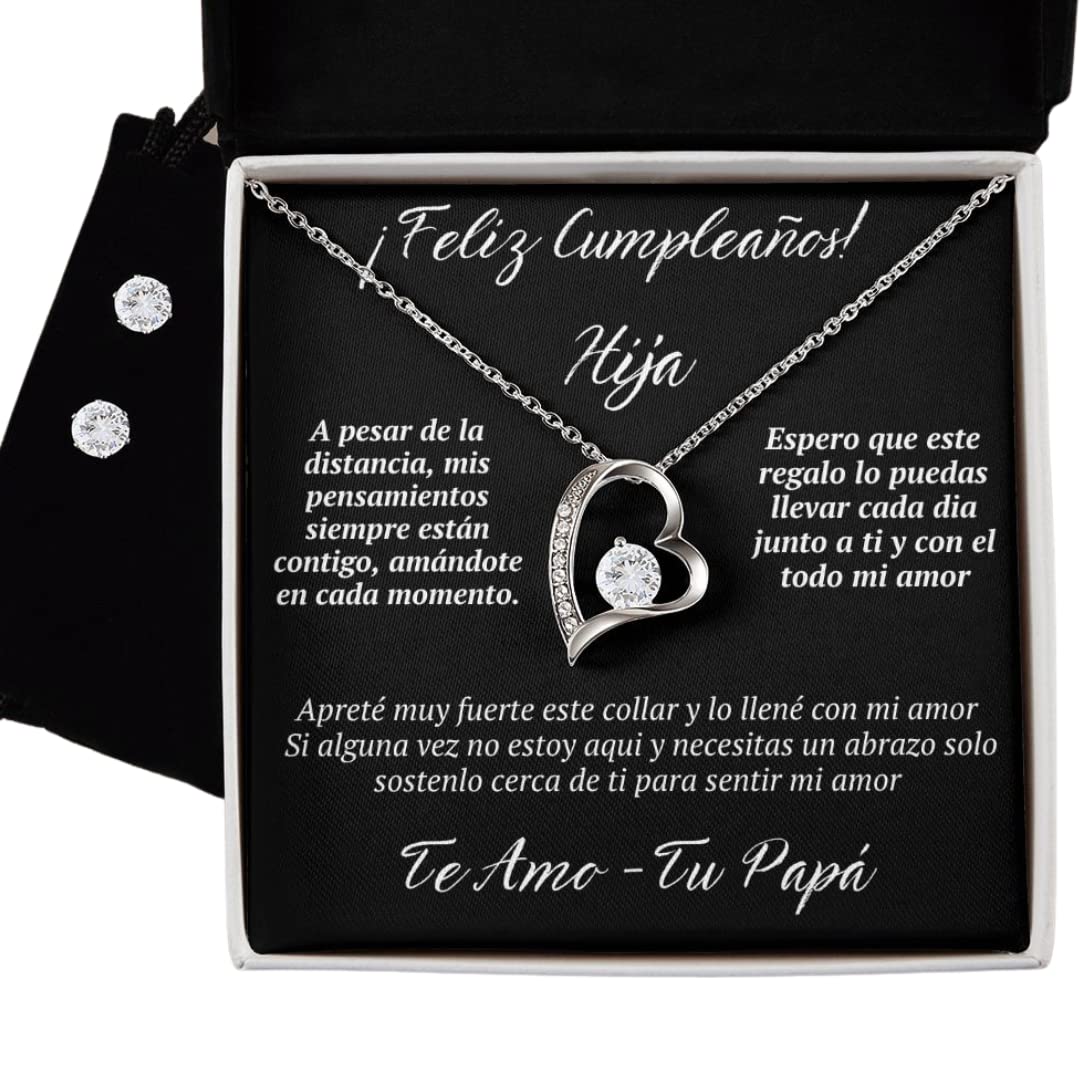 Regalo Para Hija de Papá a Mi Hija a la Distancia Set de Aretes y Collar de Corazon Para Mujer Regalo De Cumpleaños Para Hija, Father and Daughter Necklace Gift Set for Daughter Papá e Hija Collar Con Mensaje de Amor Personalizado Caja Regalo Incluida (Ca