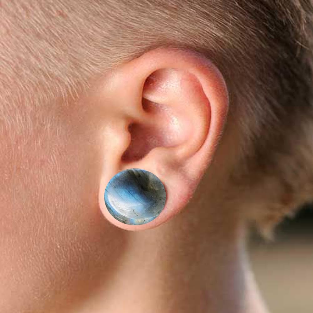 blue palm jewelry Pair of White Labradorite Stone Double Flare Concave Stone Ear Plugs Expander Gauges 2ga - 1 inch E604