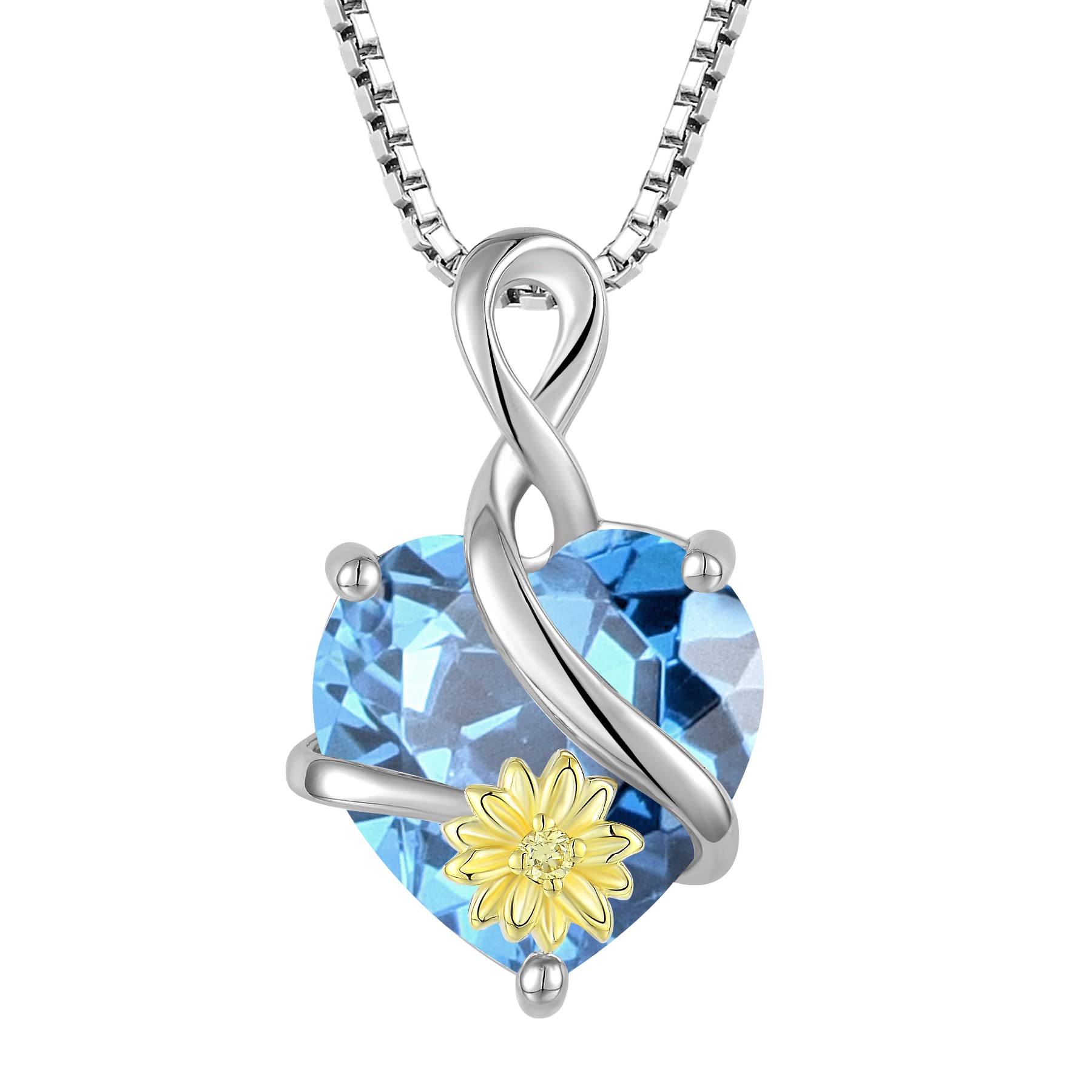 STARNNY Infinity Sunflower Birthstone Necklace for Women Sterling Silver Heart Necklace Jewelry for Women Aquamarine