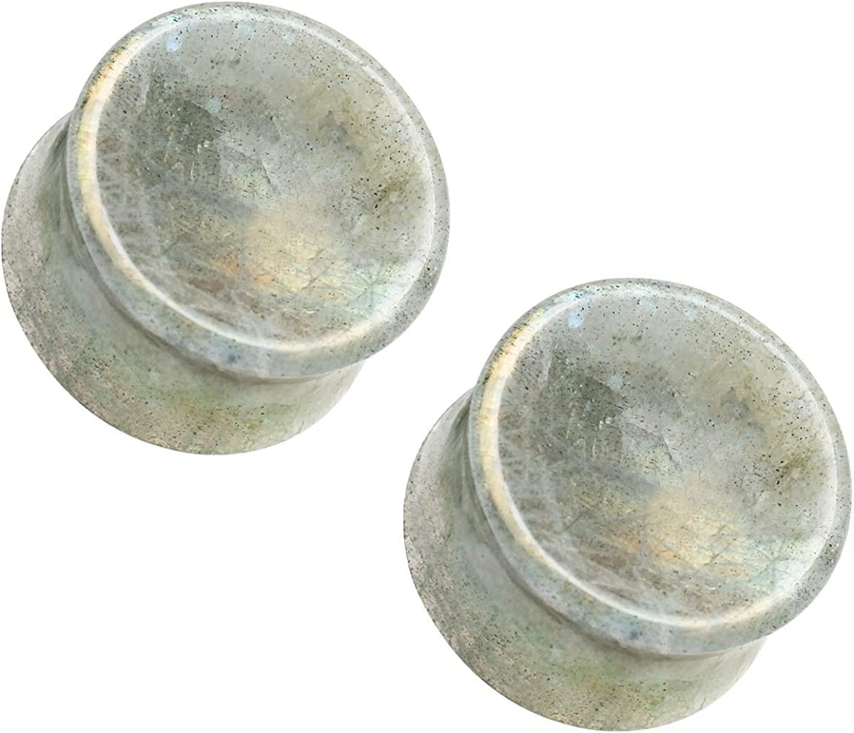 blue palm jewelry Pair of White Labradorite Stone Double Flare Concave Stone Ear Plugs Expander Gauges 2ga - 1 inch E604