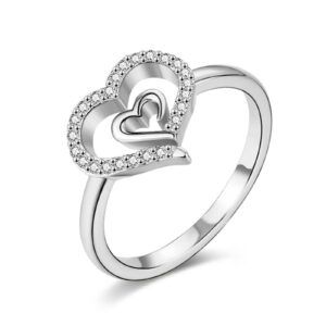 gold double heart ring for women delicate 14k gold plated heart in heart wedding jewelry promise love ring for her gift (925 silver - silver, 7)