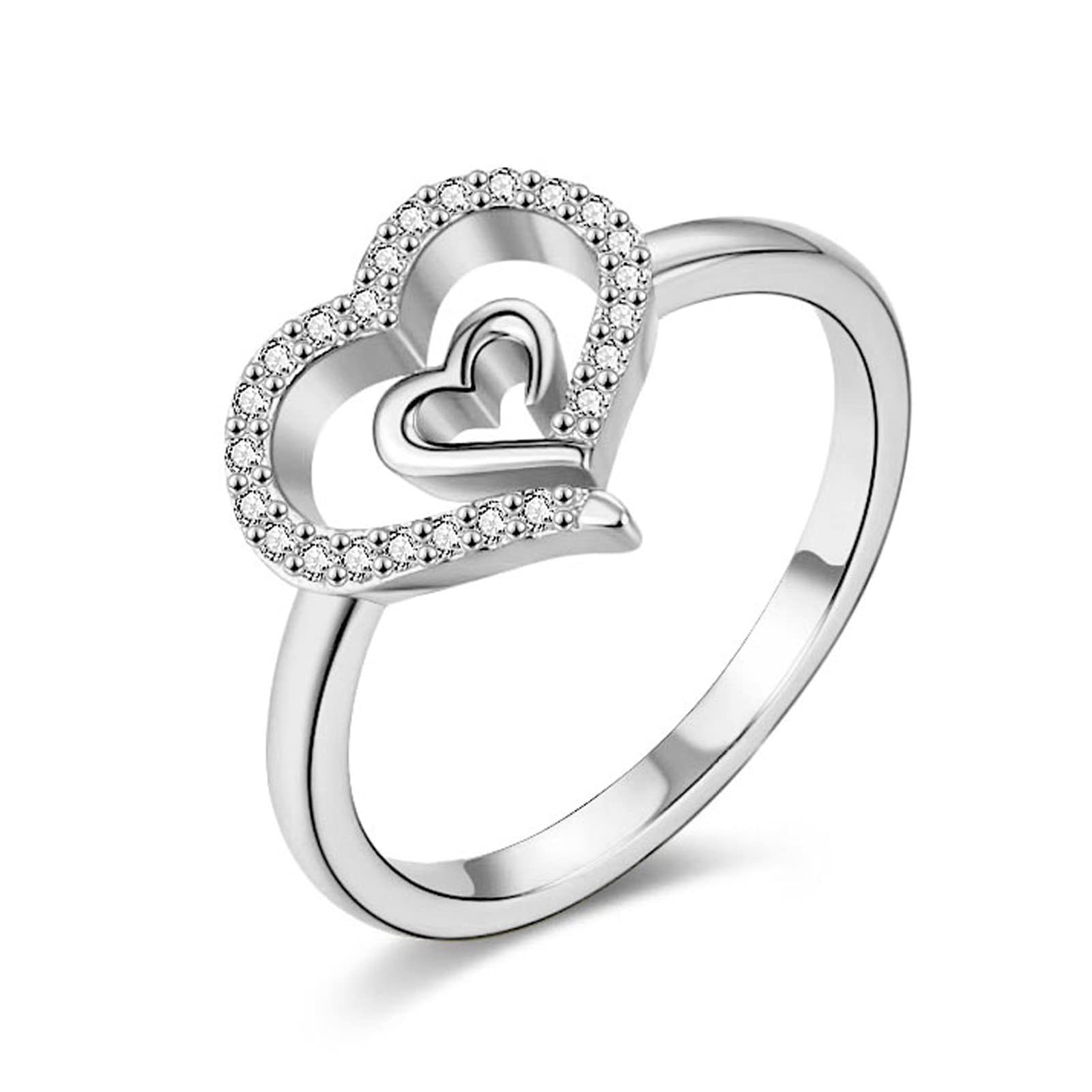 Gold Double Heart Ring for Women Delicate 14K Gold Plated Heart in Heart Wedding Jewelry Promise Love Ring for Her Gift (925 Silver - Silver, 7)