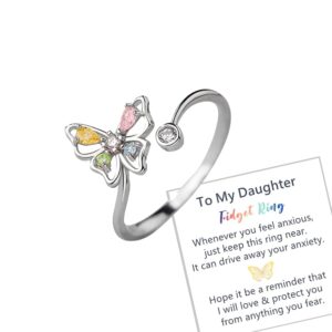 To My Daughter Fidget Ring Silver Cute Butterfly Open Rings for Women Adjustable Teen Girl Rings Eternal Ring for Best Friends Small And Delicate Fashion Rings…