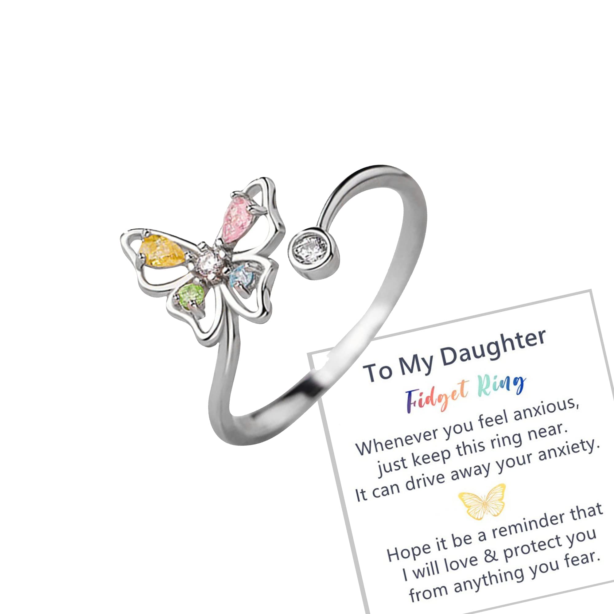 To My Daughter Fidget Ring Silver Cute Butterfly Open Rings for Women Adjustable Teen Girl Rings Eternal Ring for Best Friends Small And Delicate Fashion Rings…