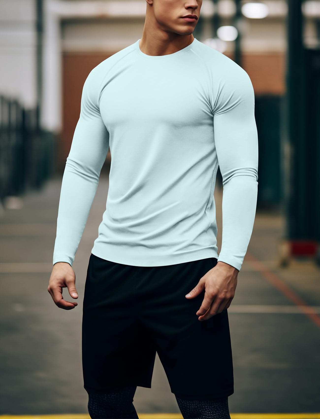 Zengjo Mens Athletic Shirts Long Sleeve(Light Blue,L)