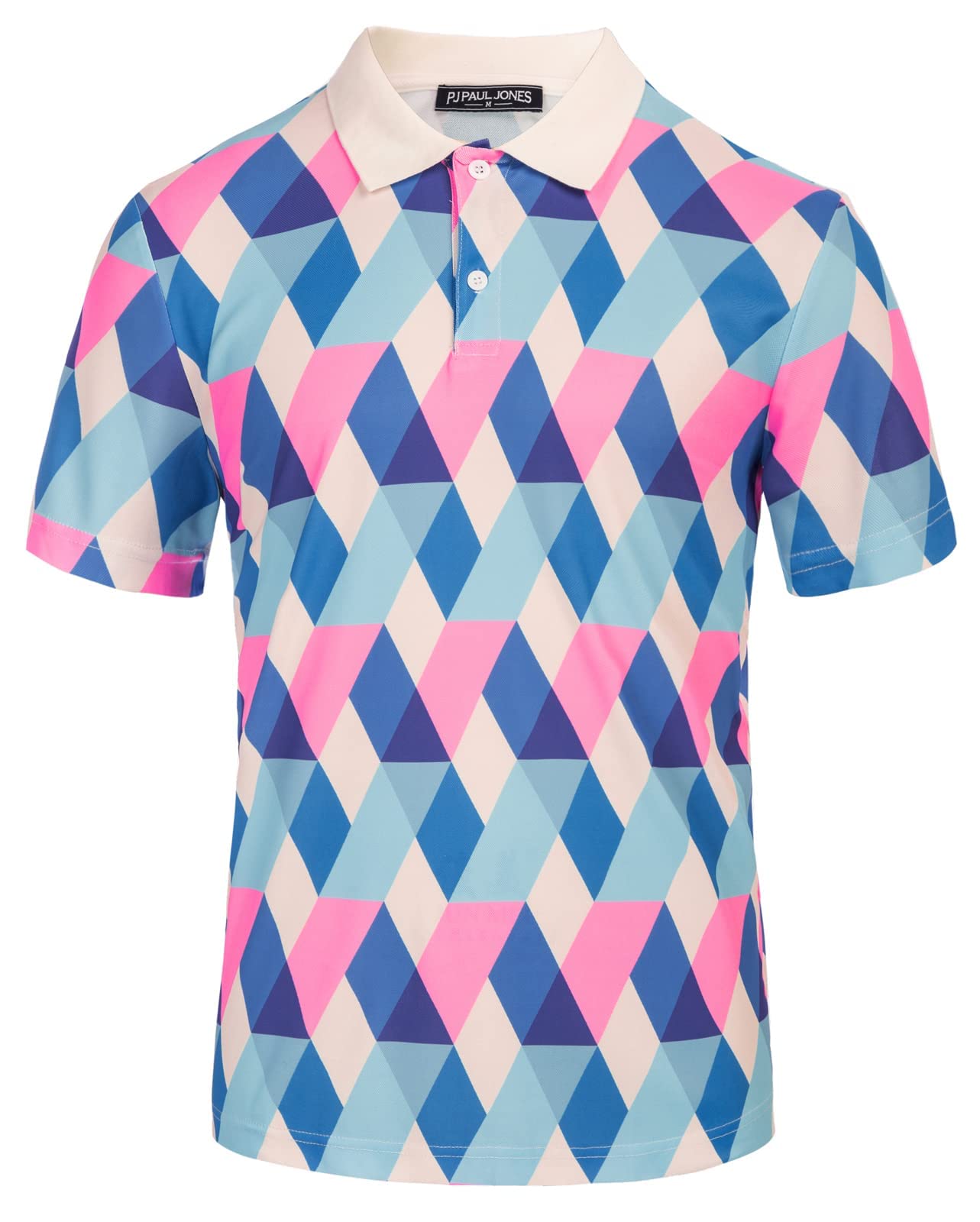 Mens Dri-Fit Polo Shirts Short Sleeve Check Plaid Color Block Golf Top Colorful Performance Athletic Polo T-Shirt Pink+Blue Grid M