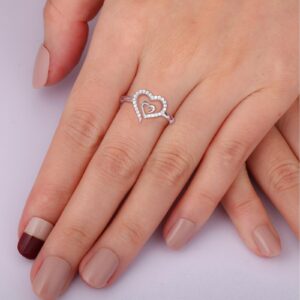 Gold Double Heart Ring for Women Delicate 14K Gold Plated Heart in Heart Wedding Jewelry Promise Love Ring for Her Gift (925 Silver - Silver, 7)