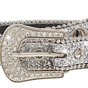 NociHah Silver Rhinestone Belt Western Cowgirl Cowboy Belts Vintage Bling Crystal Diamond Studded Leather Belt for Jean Pants (Silver-width2.89)