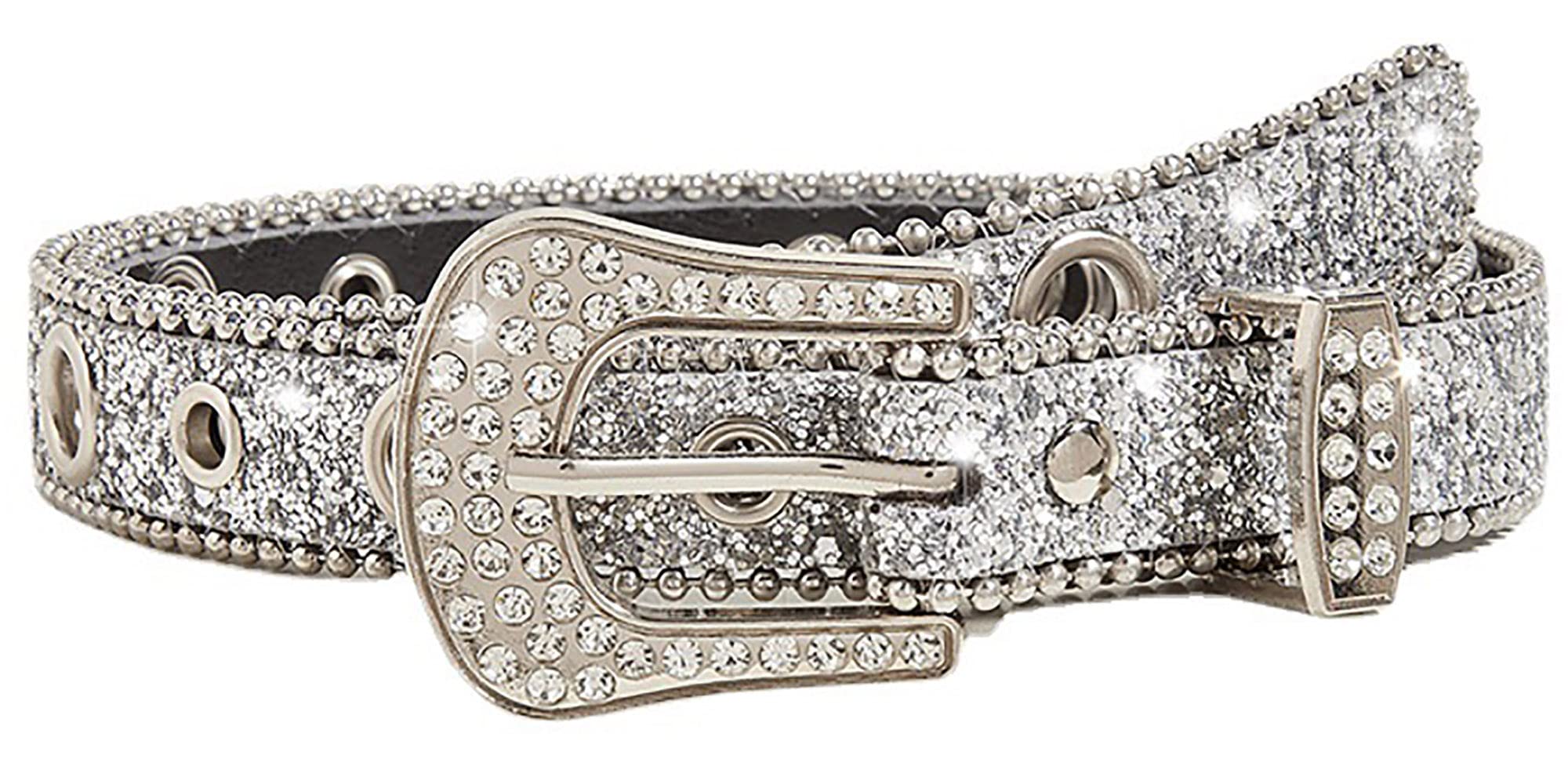 NociHah Silver Rhinestone Belt Western Cowgirl Cowboy Belts Vintage Bling Crystal Diamond Studded Leather Belt for Jean Pants (Silver-width2.89)