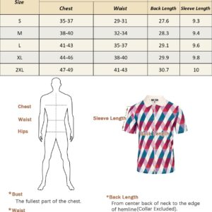 Mens Dri-Fit Polo Shirts Short Sleeve Check Plaid Color Block Golf Top Colorful Performance Athletic Polo T-Shirt Pink+Blue Grid M