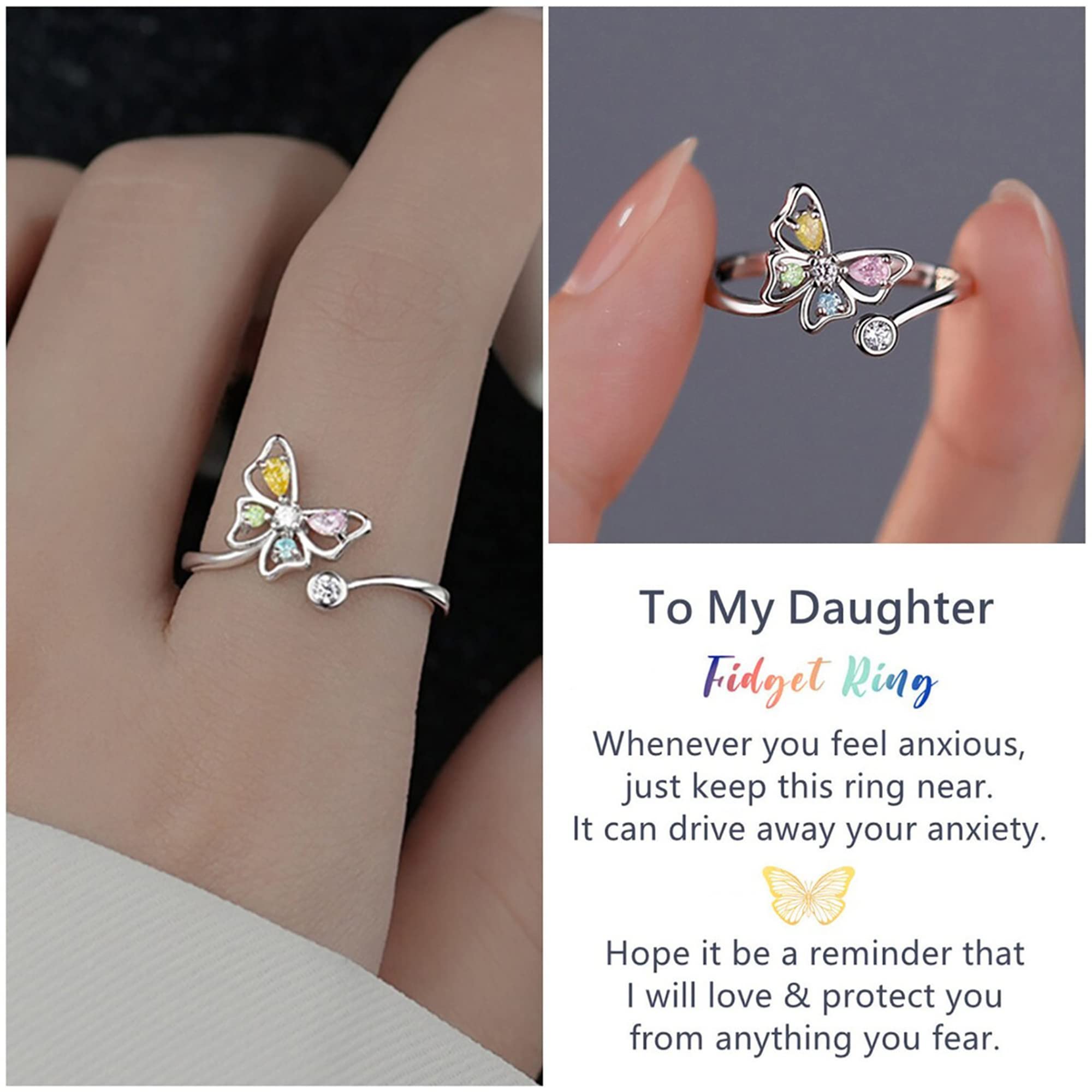 To My Daughter Fidget Ring Silver Cute Butterfly Open Rings for Women Adjustable Teen Girl Rings Eternal Ring for Best Friends Small And Delicate Fashion Rings…