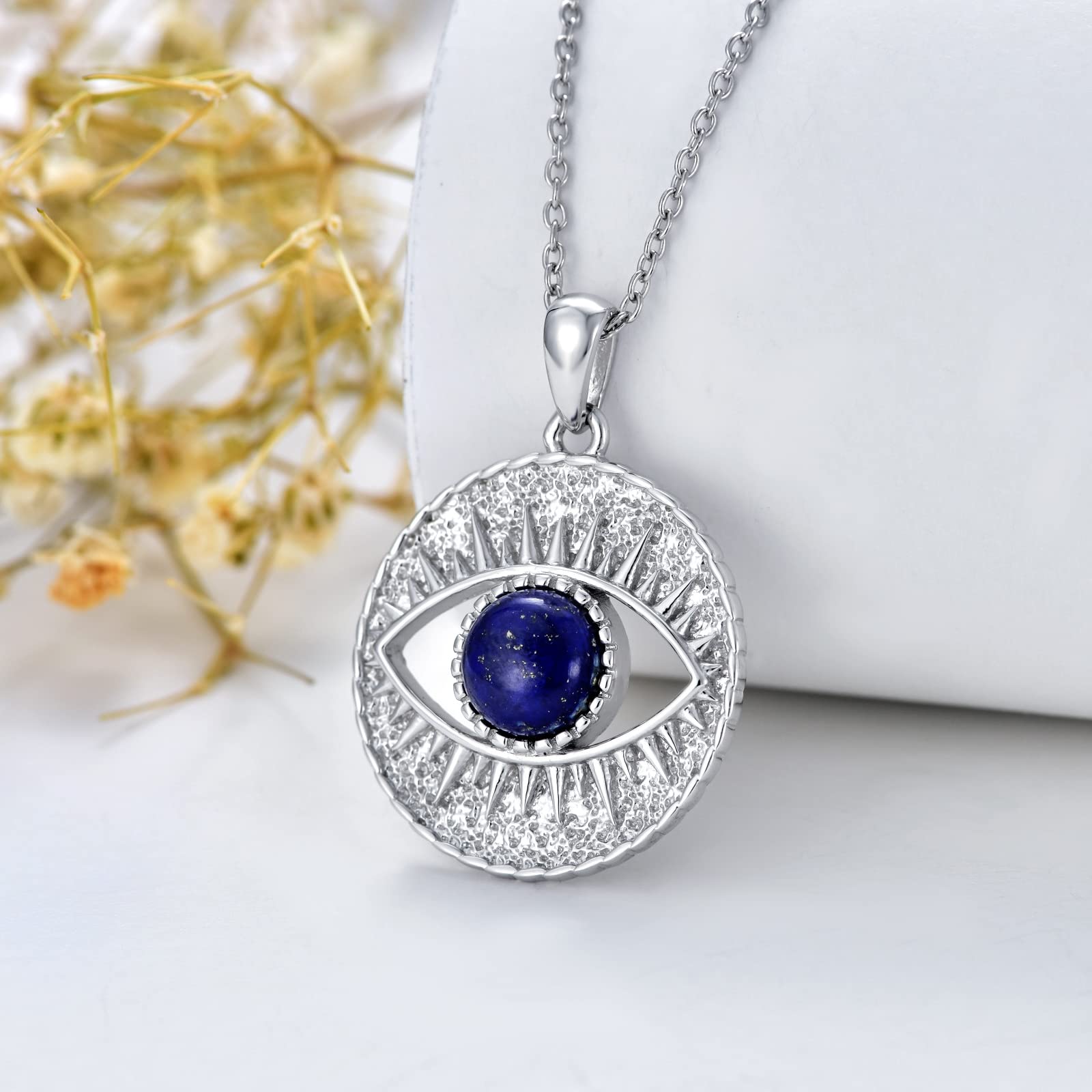 BETHZA Evil Eye Necklace 925 Sterling Silver Natural Blue Lapis Lazuli Gemstone Mal de Ojo Protection Pendant Lucky Amulet Jewelry Gifts for Women