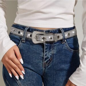 NociHah Silver Rhinestone Belt Western Cowgirl Cowboy Belts Vintage Bling Crystal Diamond Studded Leather Belt for Jean Pants (Silver-width2.89)