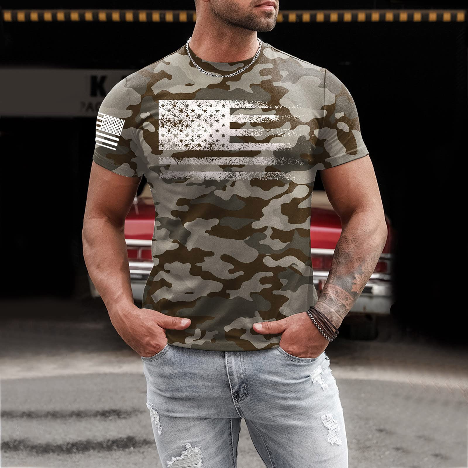 JSFOIRYROU Men's American Flag Printed T Shirt Summer Short Sleeve Muscle Slim Fit Patriotic Tees Casual Athletic T-Shirts (E-grey,3X-Large)