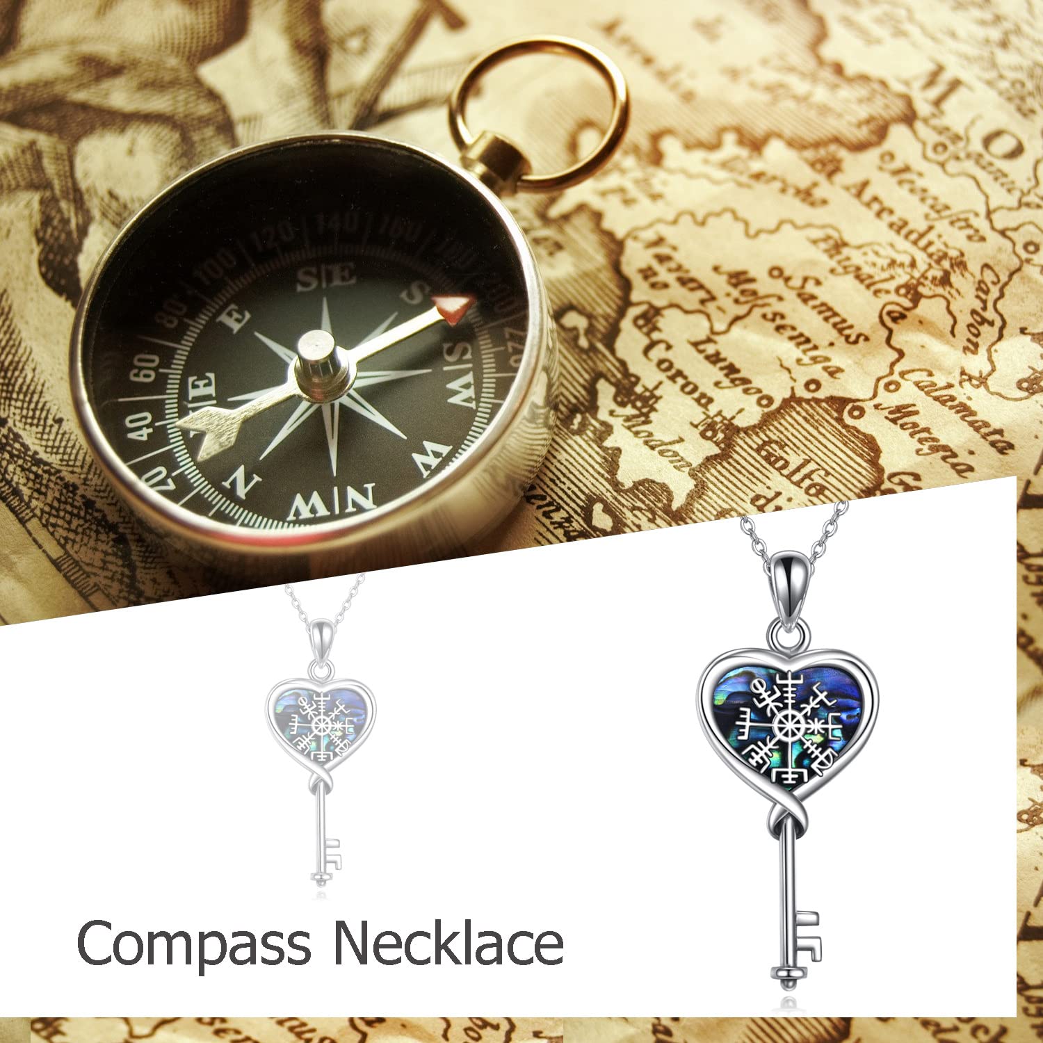 ONEFINITY Viking Compass Necklace Sterling Silver Heart Key Compass Jewelry for Women Norse Vegvisir Pendant Gifts for Nordic Pagan