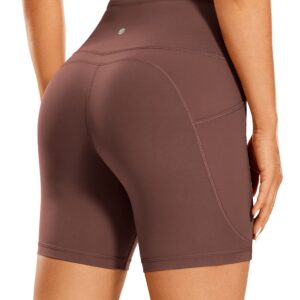 CRZ YOGA Women's Brushed Naked Feeling Biker Shorts 6'' - High Waist Matte Workout Yoga Gym Spandex Shorts Side Pockets Taupe Large