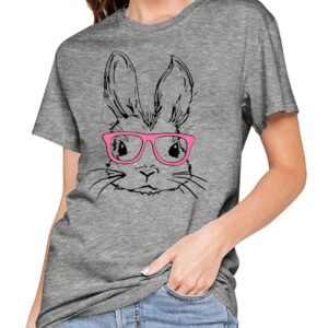 Funny Bunny Print T Shirt for Women Cute Grapic Leopard Shirts Family Blouse Gifts Easter Tops Tee(Grey02,X-Large)