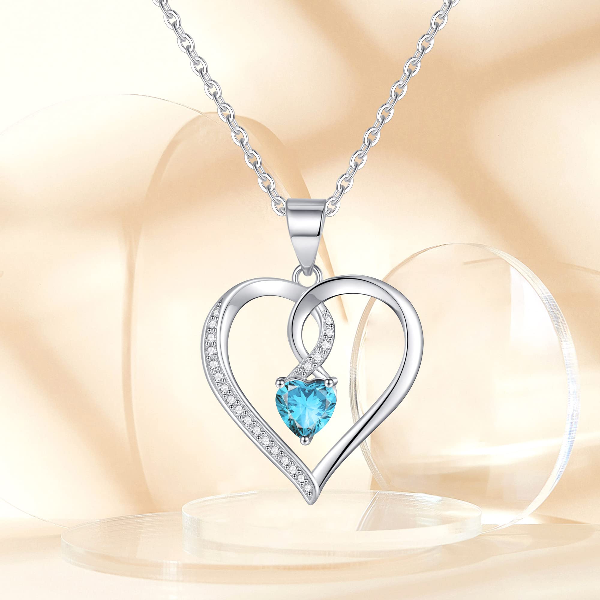 Birthstone Necklace for Women, S925 Sterling Silver Necklace March Birthstone Jewelry for Women Infinity Heart Aquamarine Necklace for Women Mom Birthday Gifts for Women