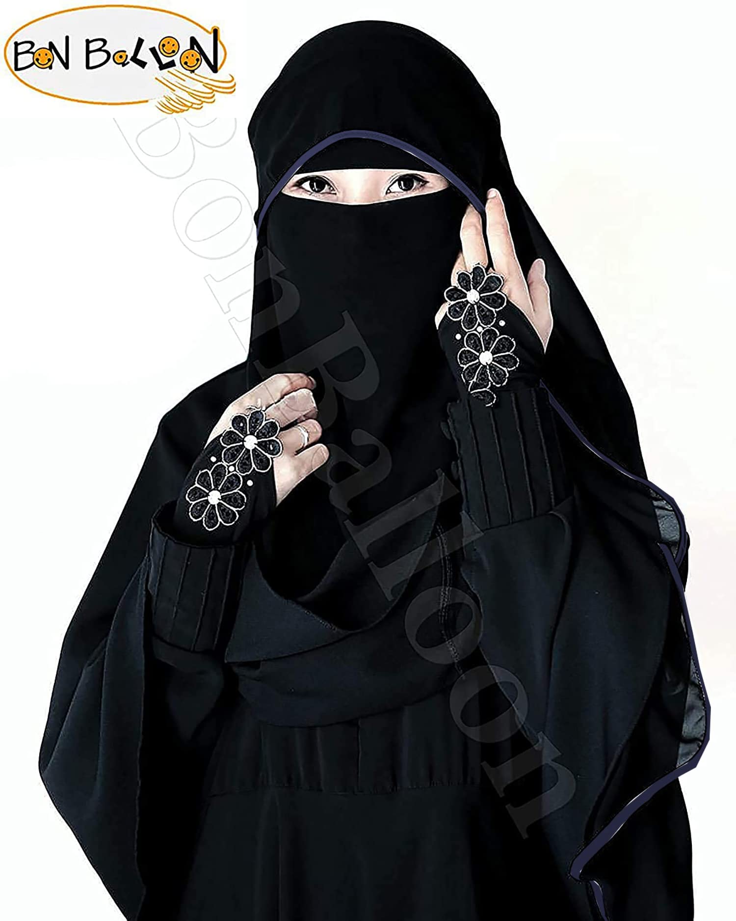 Saudi Chiffon First Class Quality Long Saudi Niqab Burqa Hijab Face Cover Veil Islam Islamic Jilbab (Black x Dark Blue Satin)