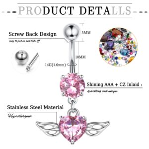 Drperfect 9PCS 14G Belly Button Rings for Women 316L Stainless Steel Pink CZ Dangle Belly Rings Belly Piercing Jewelry Navel Barbell Body Piercing Jewelry