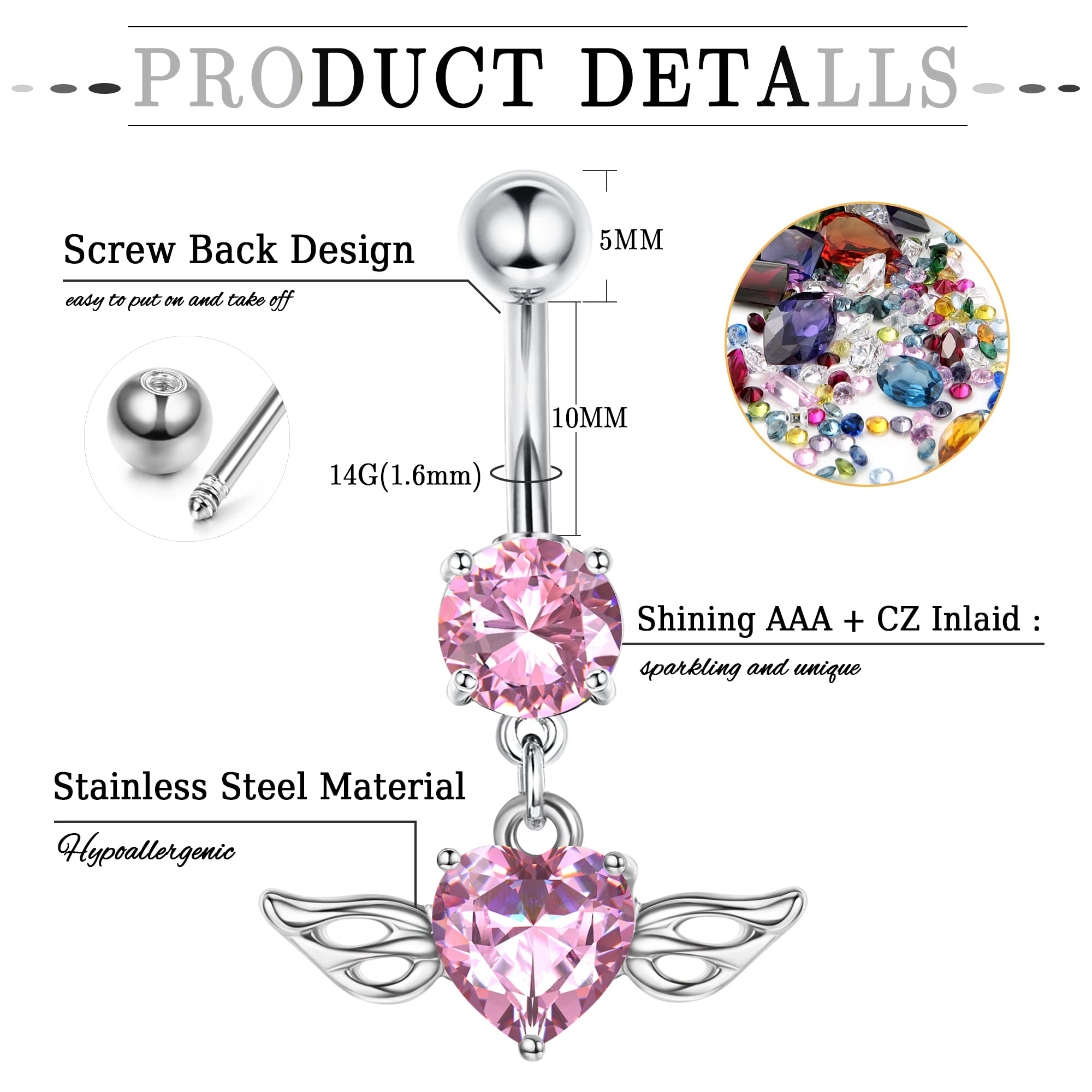 Drperfect 9PCS 14G Belly Button Rings for Women 316L Stainless Steel Pink CZ Dangle Belly Rings Belly Piercing Jewelry Navel Barbell Body Piercing Jewelry